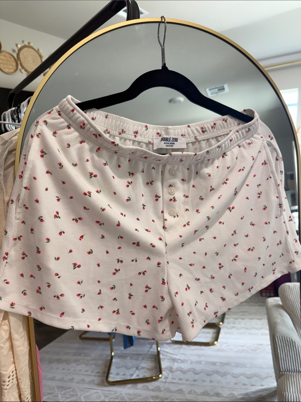 Double Zero Light Pink Cherry-Print Ribbed Lounge Shorts